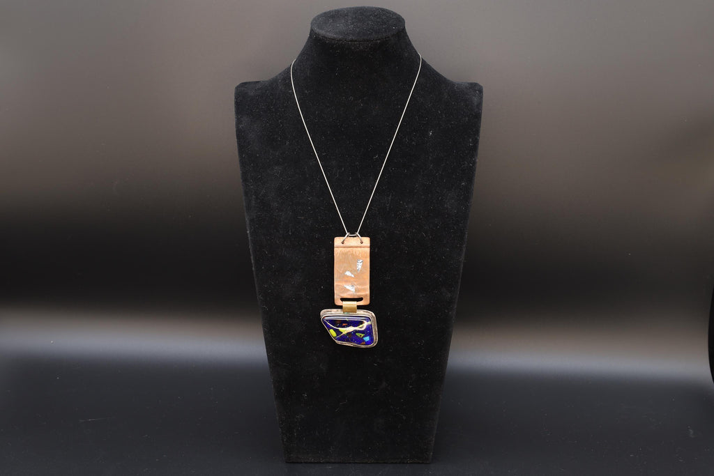 Handmade Brutalist Pendant Necklace, Dichronic Glass, 925 Sterling Silver And Copper, California USA Modernist Fashion Accessories Jewelry