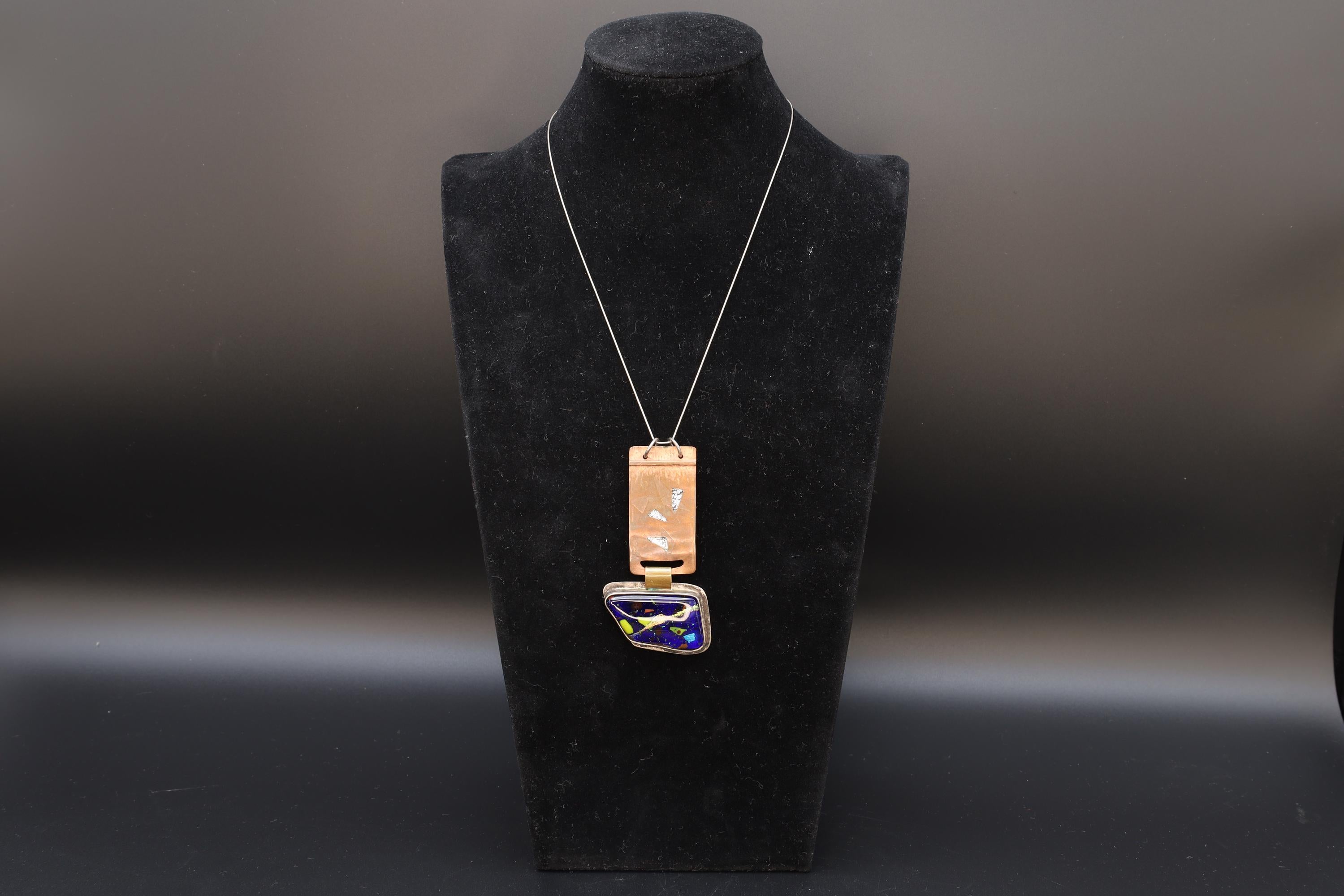 Handmade Brutalist Pendant Necklace, Dichronic Glass, 925 Sterling Silver And Copper, California USA Modernist Fashion Accessories Jewelry