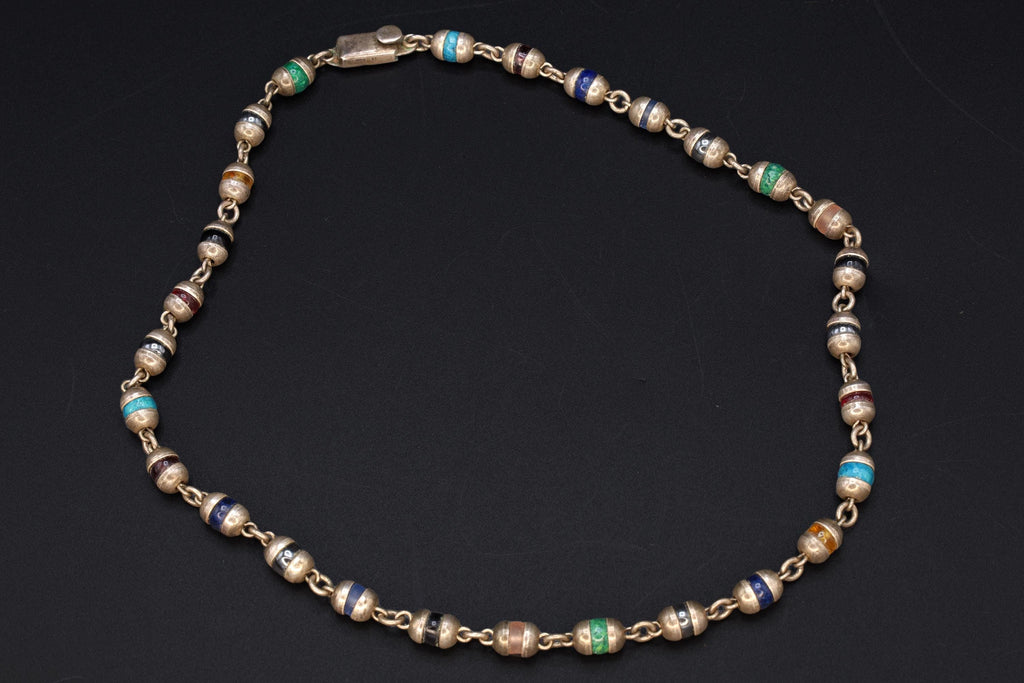 Taxco Mexico Necklace, 925 Sterling Silver Multi Color Round Cap End Capsule Link, Modernist Jewelry Unisex, Round Beaded Jewelry