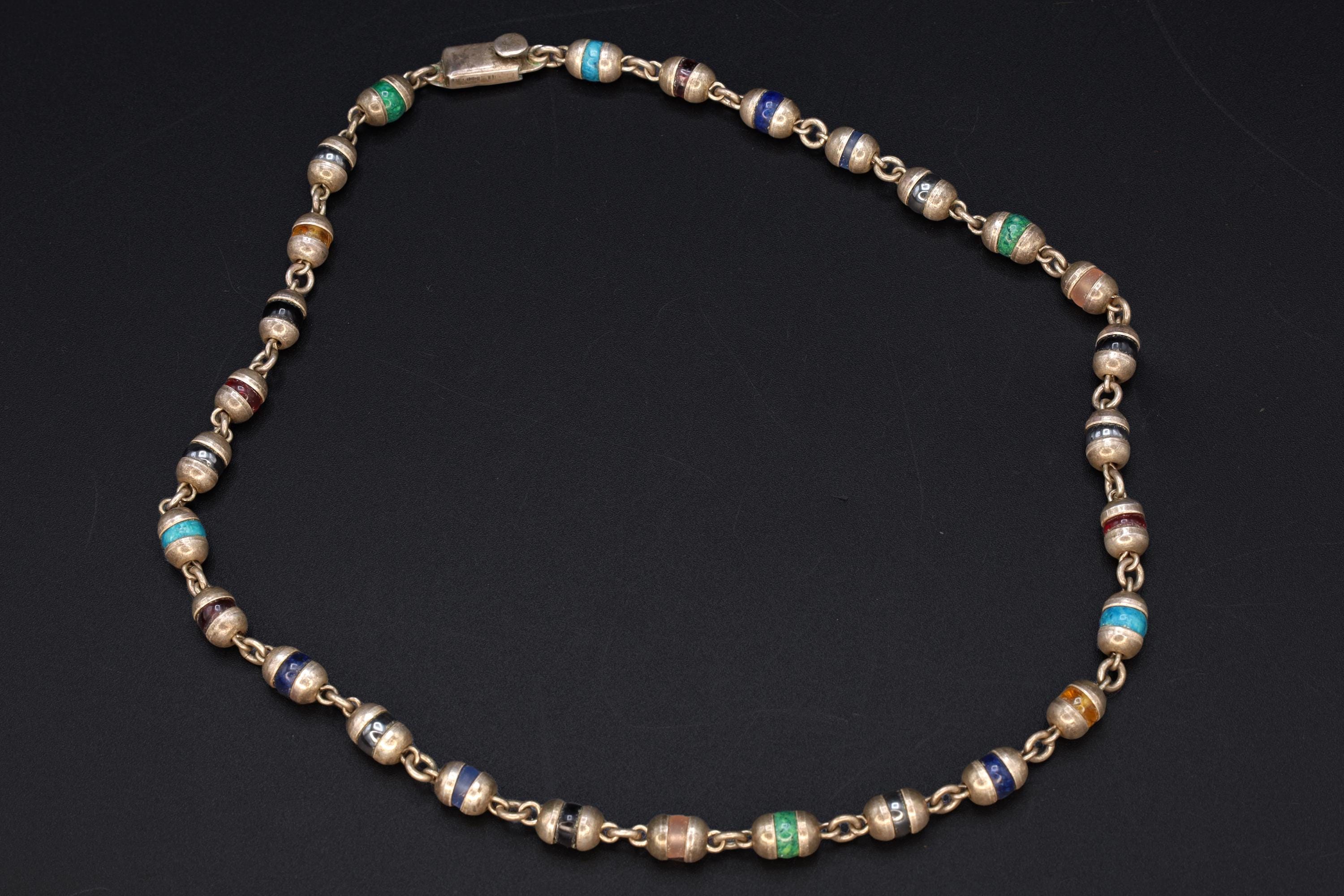Taxco Mexico Necklace, 925 Sterling Silver Multi Color Round Cap End Capsule Link, Modernist Jewelry Unisex, Round Beaded Jewelry