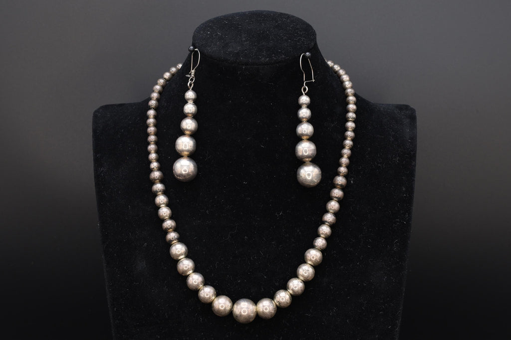 Mid Century Graduated Ball Beads Jewelry Set, A Beaded Necklace And Large Dangle Earrings, 925 Sterling Silver, Retro Fashion Accessories
