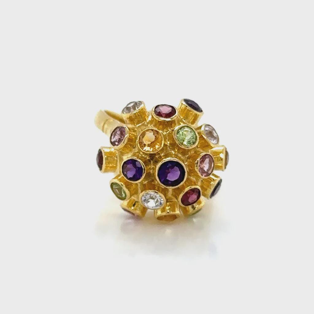 Sputnik Statement Ring For Woman, 18 Karat Yellow Gold Ring Size 6.25 With Multiple Gemstones And Avant Garde Design, Weight 5.9 Grams