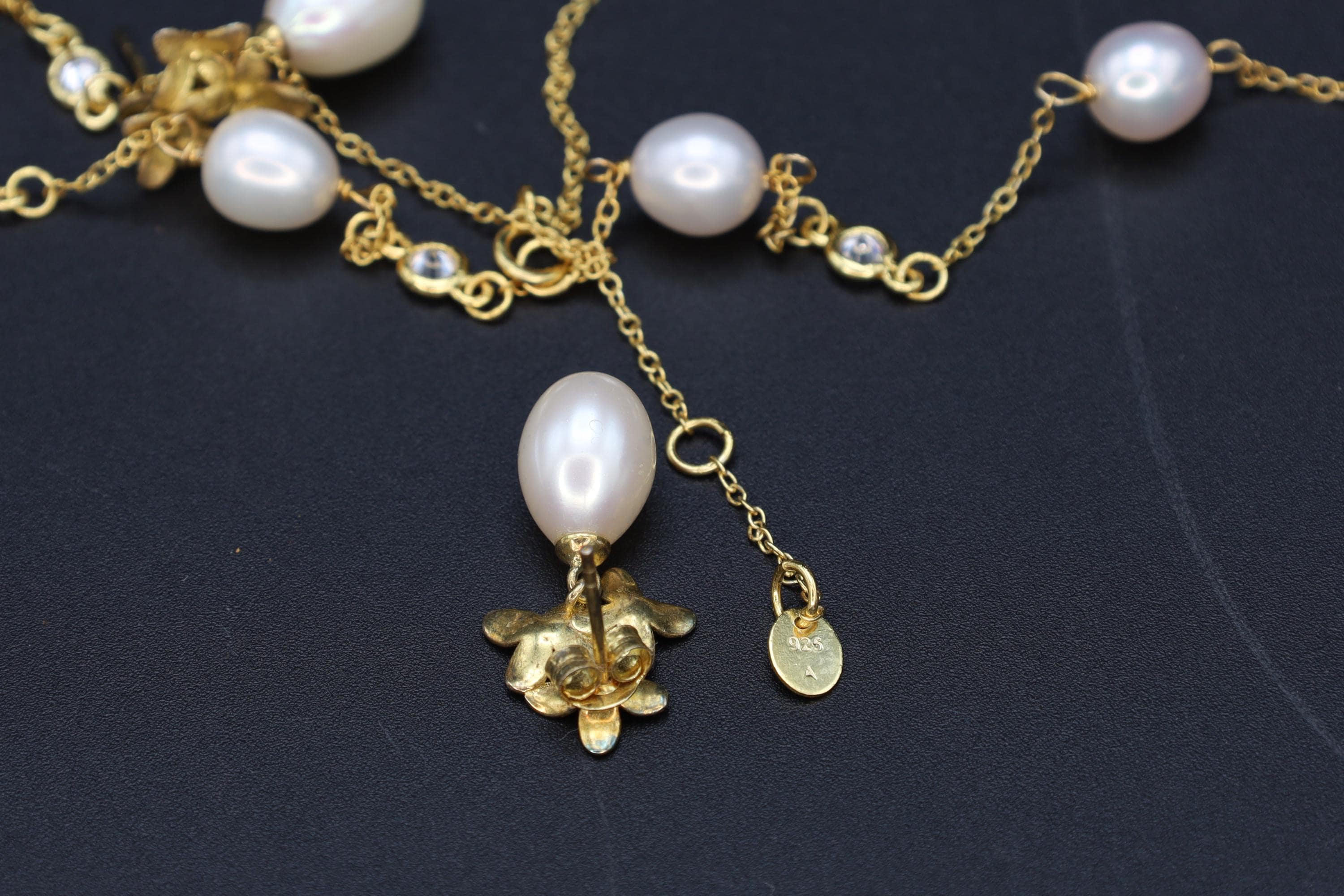 Beaded Necklace And Dangle Earrings Jewelry Set, Pearl And Cut Glass Saturn Chain, Gold Gilt Vermeil On Sterling Silver, Fashion Accessories