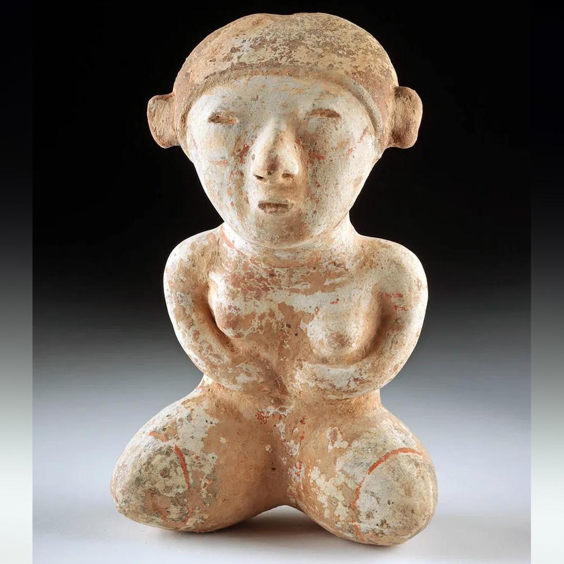 Ancient Pre Columbian Nayarit Pottery Female Sitting Figure, Chinesco Type 300 BCE to 300 AD, West Mexico, Mesoamerican Tomb Burial Art