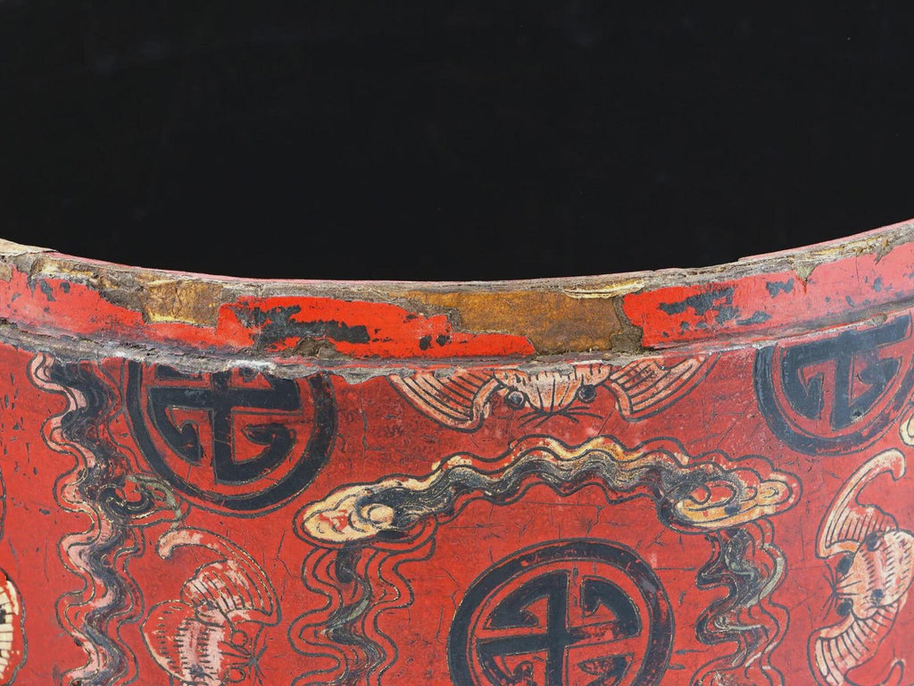 Antique Chinese Red Lacquer Lidded Hat Box, Large Size, Late Qing Dynasty 1890s Storage Case With Lid On Top, Dry Food Nuts Container