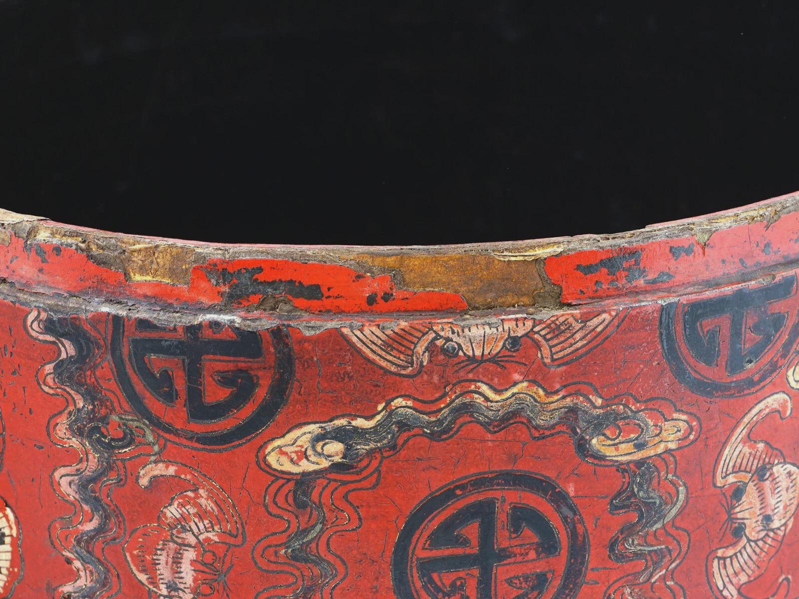 Antique Chinese Red Lacquer Lidded Hat Box, Large Size, Late Qing Dynasty 1890s Storage Case With Lid On Top, Dry Food Nuts Container