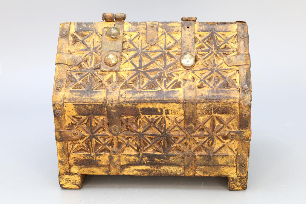 Antique 19th Century Jewelry Chest, Colonial India. Ethnic Rustic Wooden Trunk Box, South Asia Folk Art, Oriental Crafts And Collectibles