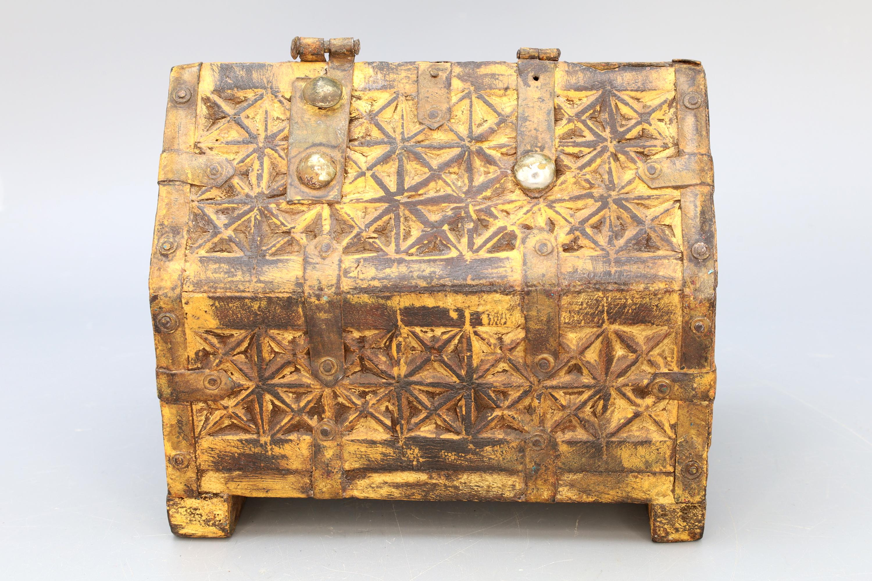 Antique 19th Century Jewelry Chest, Colonial India. Ethnic Rustic Wooden Trunk Box, South Asia Folk Art, Oriental Crafts And Collectibles