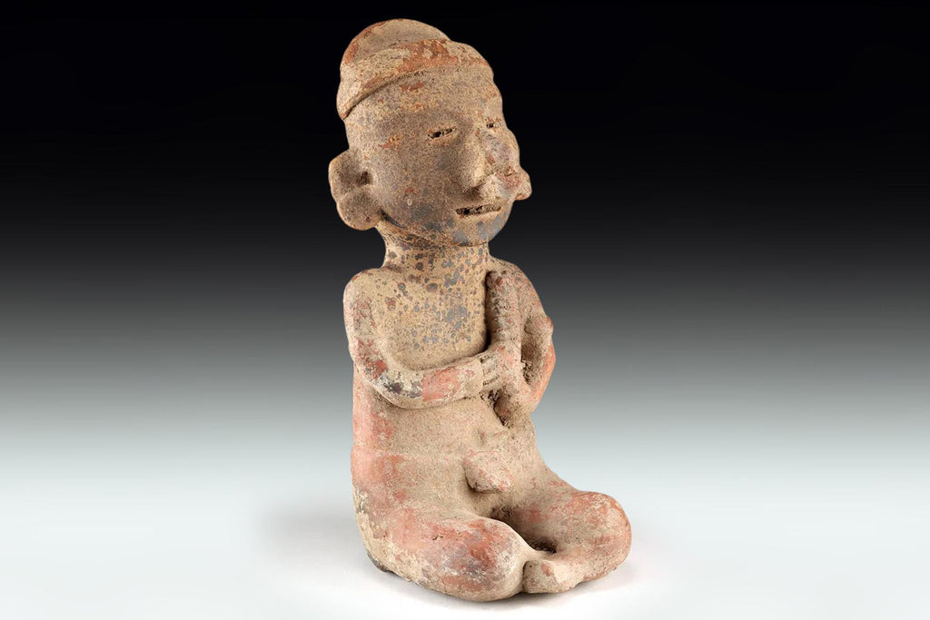 Ancient Pre Columbian Nayarit Pottery Sitting Musician Figure, Chinesco Type 300 BCE to 300 AD, West Mexico, Mesoamerican Tomb Burial Art