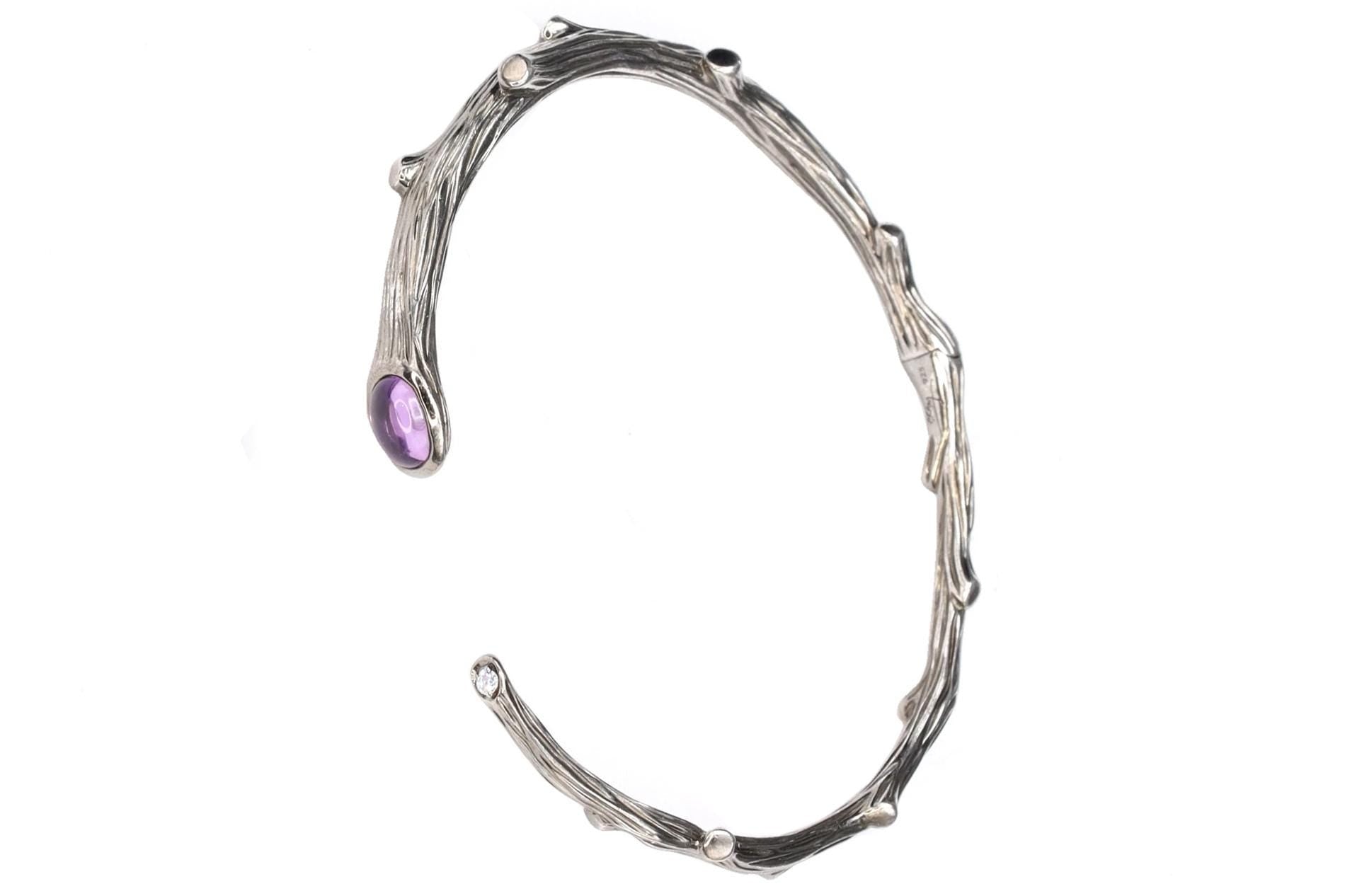 Vintage Michael Aram Cuff Bracelet, The Enchanted Forest Collection, 925 Sterling Silver With Purple Amethyst And Clear Diamond