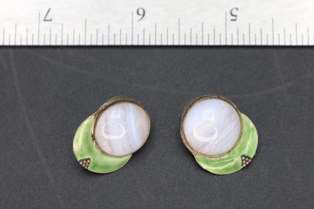 Large Stud Earrings, Green Enamel And Blue Banded Agate, Gold Gilt Wash Vermeil, Modernist Design, Vintage Fashion Accessories, Gift to her