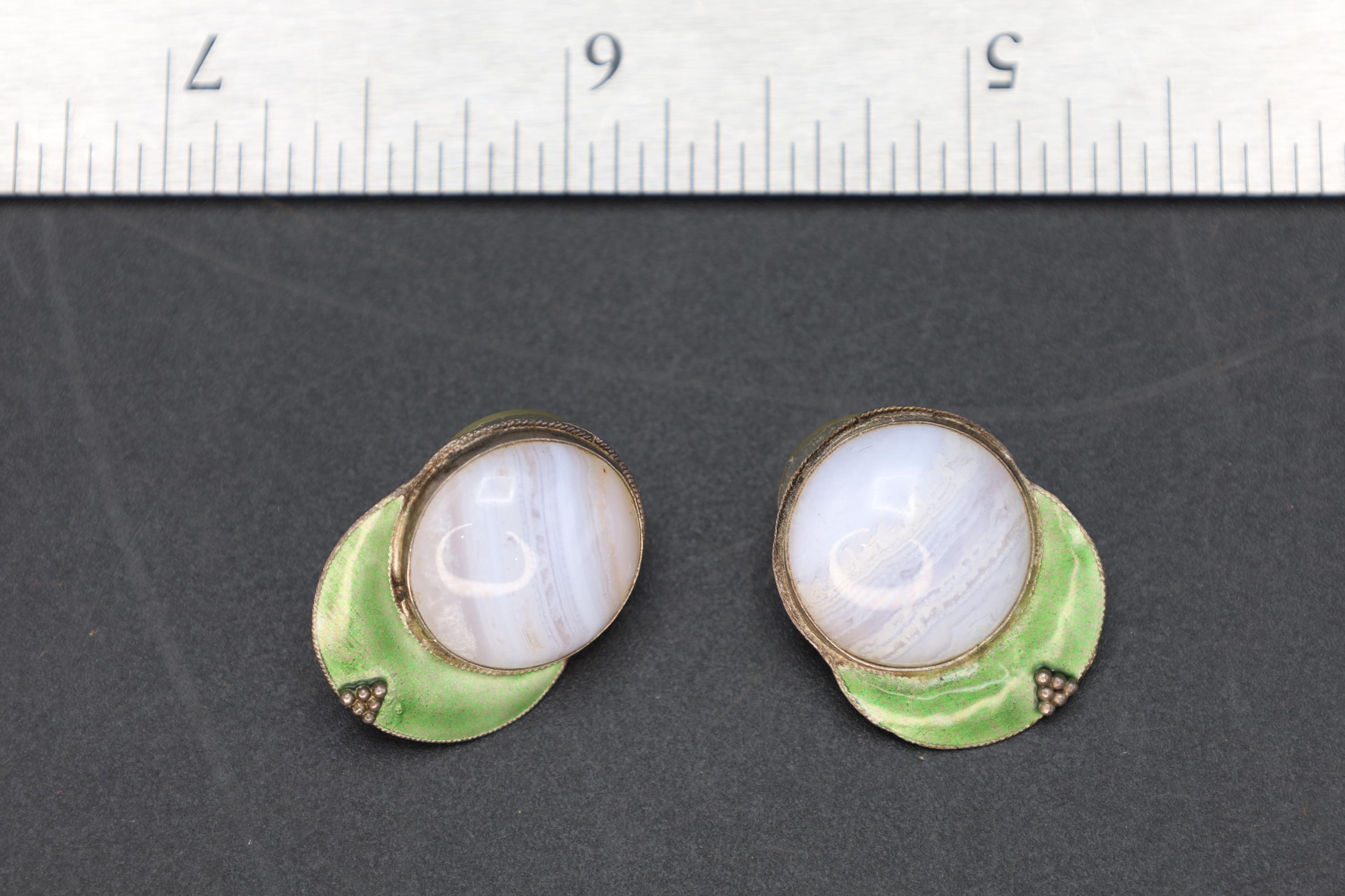 Large Stud Earrings, Green Enamel And Blue Banded Agate, Gold Gilt Wash Vermeil, Modernist Design, Vintage Fashion Accessories, Gift to her