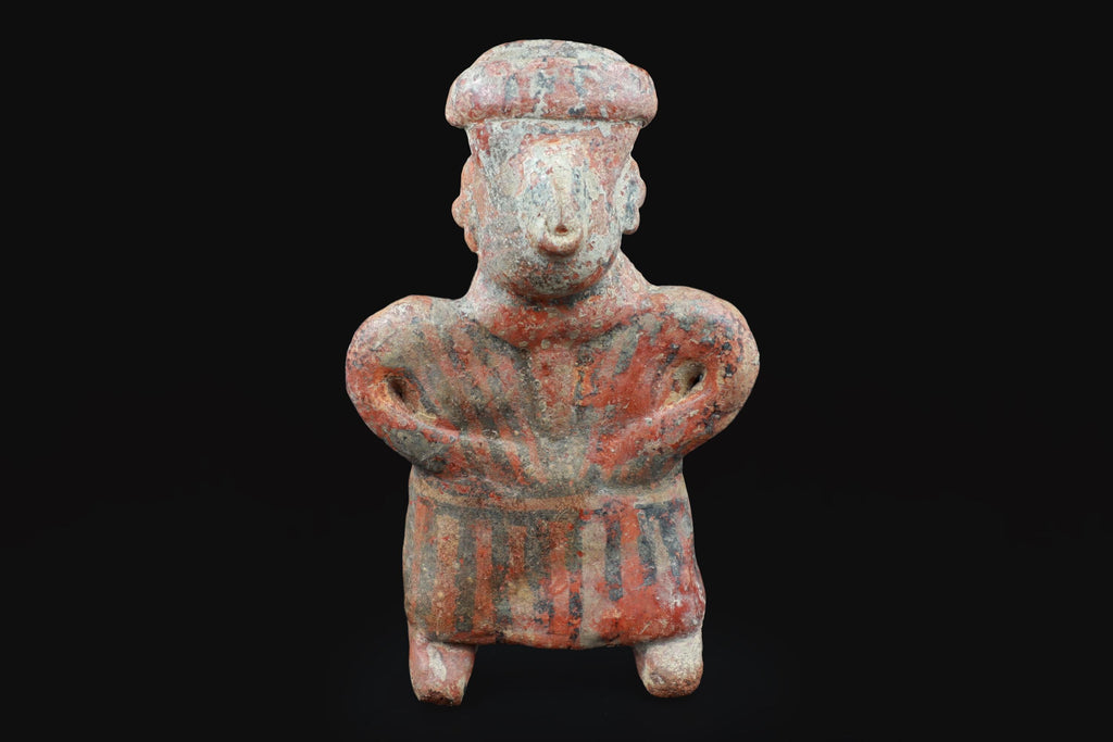 Ancient Pre Columbian Nayarit Pottery Chief, Priest Figure With Dress, Chinesco Type 300 BCE to 300 AD, West Mexico, Mesoamerican Burial Art