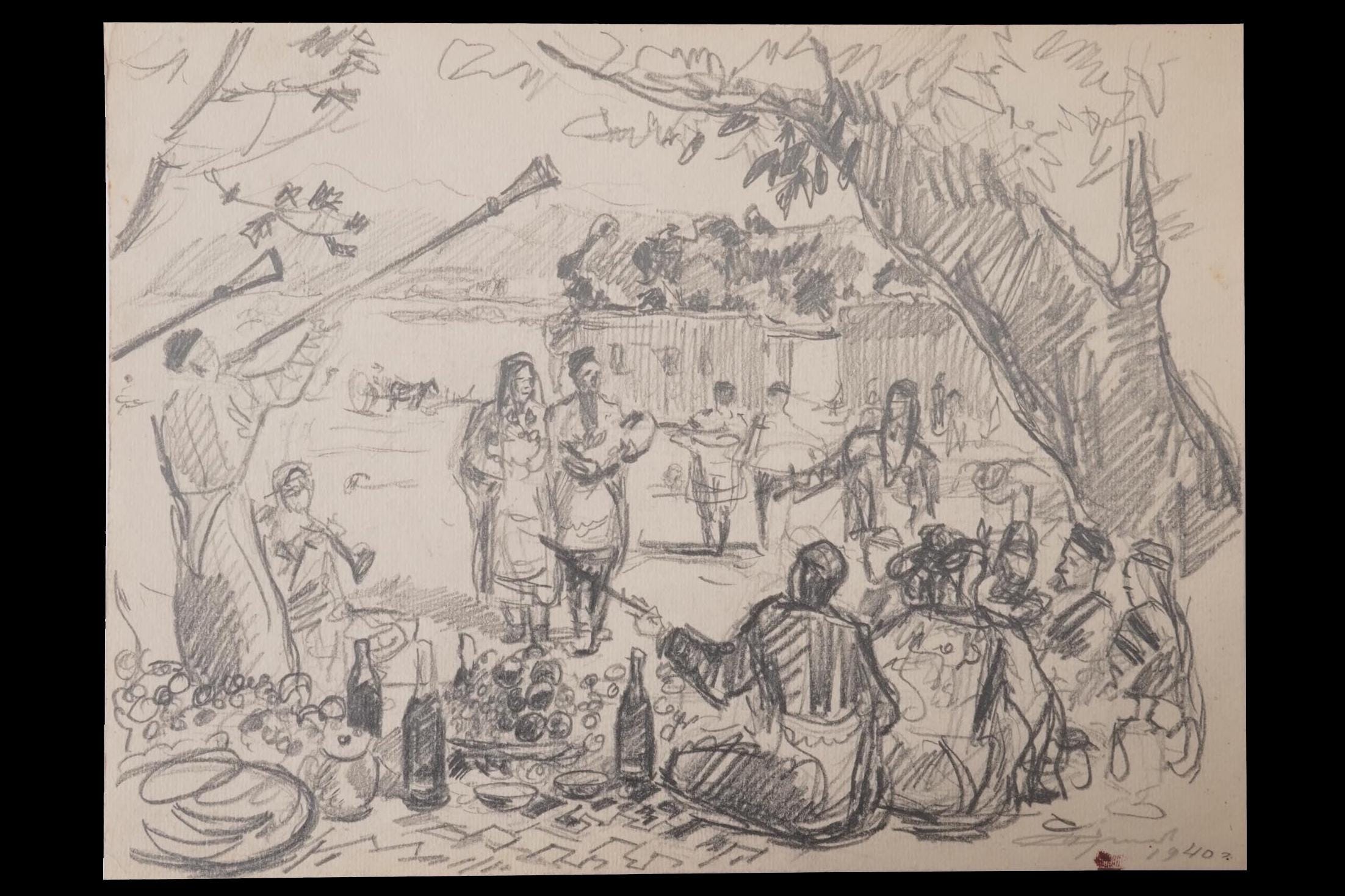 Igor Alexandrovich Ershov, Vintage 1940s Russian Soviet Union. Sketch Pencil Drawing On Paper, The Birth Of A Son, Signed Dated Lower Right