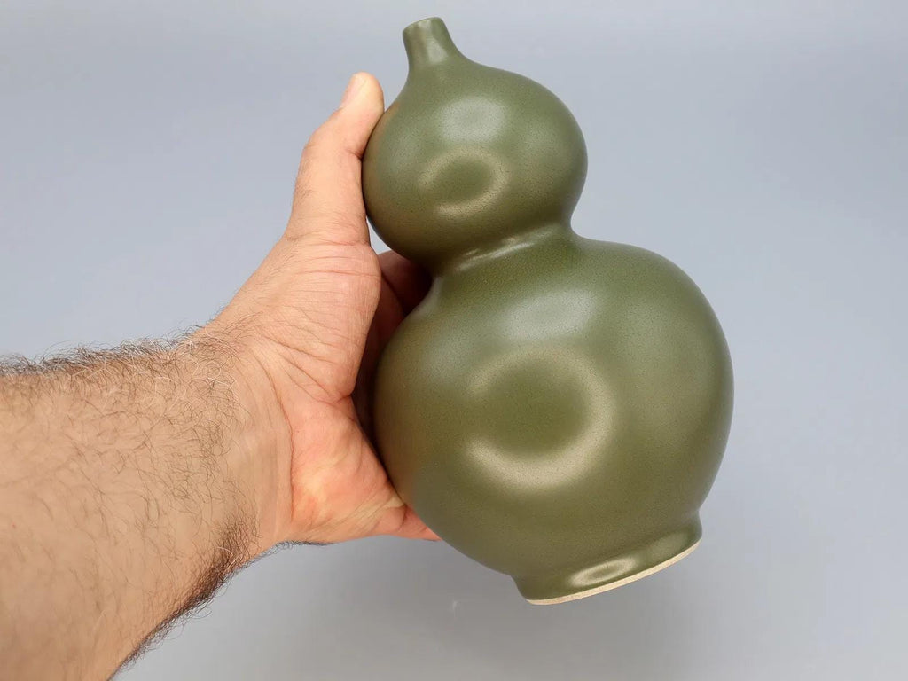 Fine Dark Olive Glazed Ceramic Vase In Gourd Shape, Late Qing Dynasty Or Republic, Semi Porcelain Vessel, Asian Oriental Home Decoration