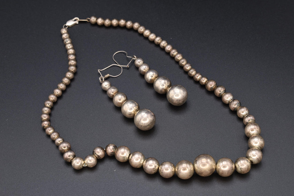 Mid Century Graduated Ball Beads Jewelry Set, A Beaded Necklace And Large Dangle Earrings, 925 Sterling Silver, Retro Fashion Accessories