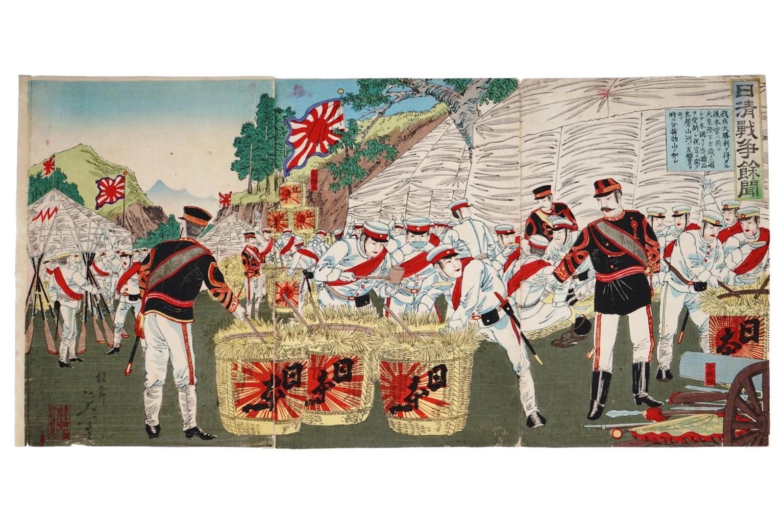 Ukiyoe Art, Nobukazu Yosai 1894 Japanese Meiji Era Senso-e Military Woodblock Triptych, Asian Oriental Art, The First Sino And Japanese War