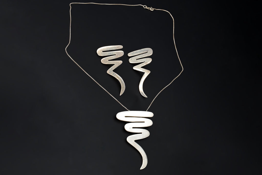 Scribble Or Zig Zag, Taxco Mexico Jewelry Set, Pendant Necklace, Brooch, Matching Earrings, Modernist Jewelry Designs, 925 Sterling Silver