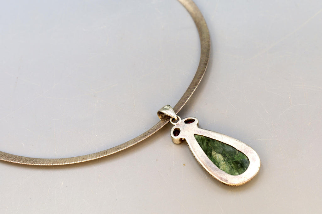 Avant Garde Pendant Necklace, Post Modern Design, 925 Sterling Silver, Red Garnet And Green Serpentine, Vintage 1990s Fashion Accessories