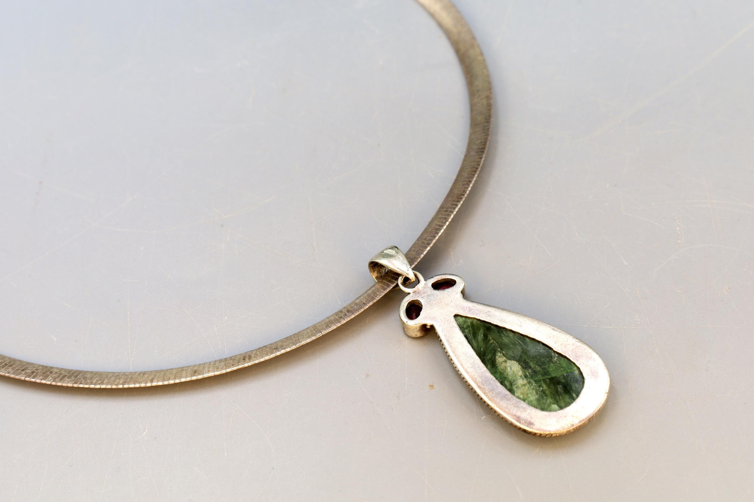 Avant Garde Pendant Necklace, Post Modern Design, 925 Sterling Silver, Red Garnet And Green Serpentine, Vintage 1990s Fashion Accessories