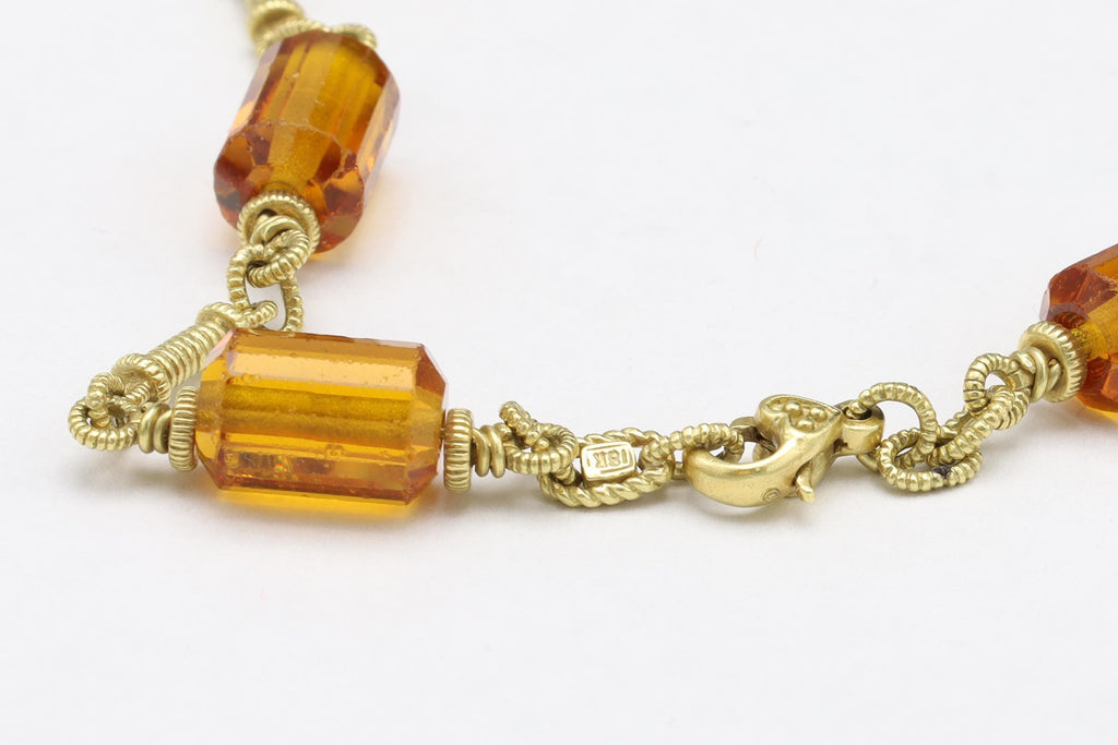 Judith Ripka Necklace, Clear White Diamonds, Orange Citrine Gemstones And 18 Karat Yellow Gold Links And 18K Chain, Luxury Jewelry Brands