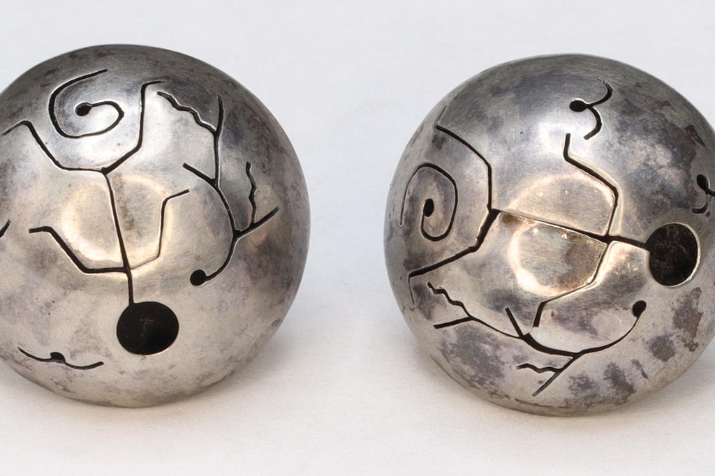 Large Round Stud Earrings With A Tribal Inspired Shadowbox Motif, Modernist Jewelry Desings, 925 Sterling Silver Fashion Accessories