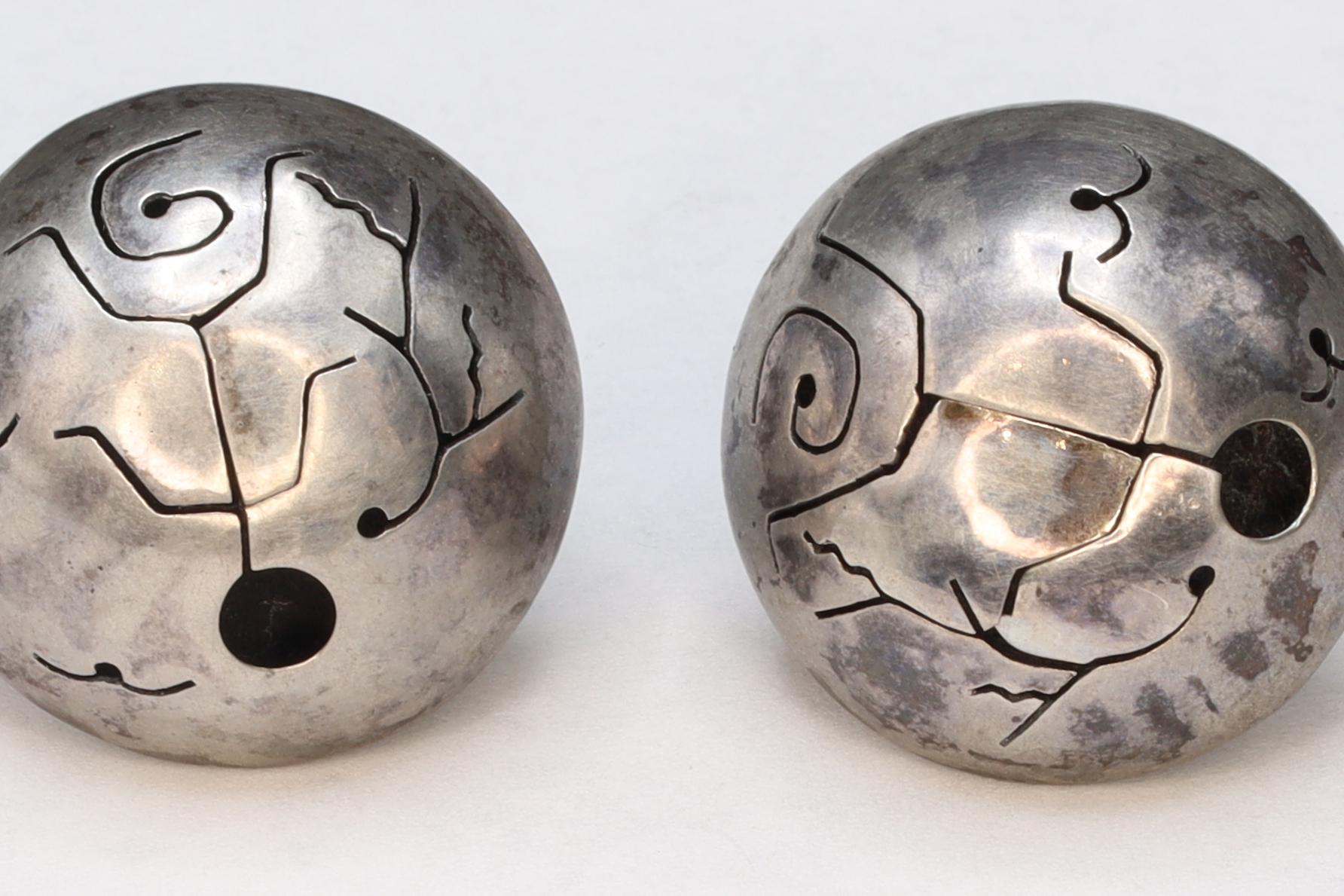 Large Round Stud Earrings With A Tribal Inspired Shadowbox Motif, Modernist Jewelry Desings, 925 Sterling Silver Fashion Accessories