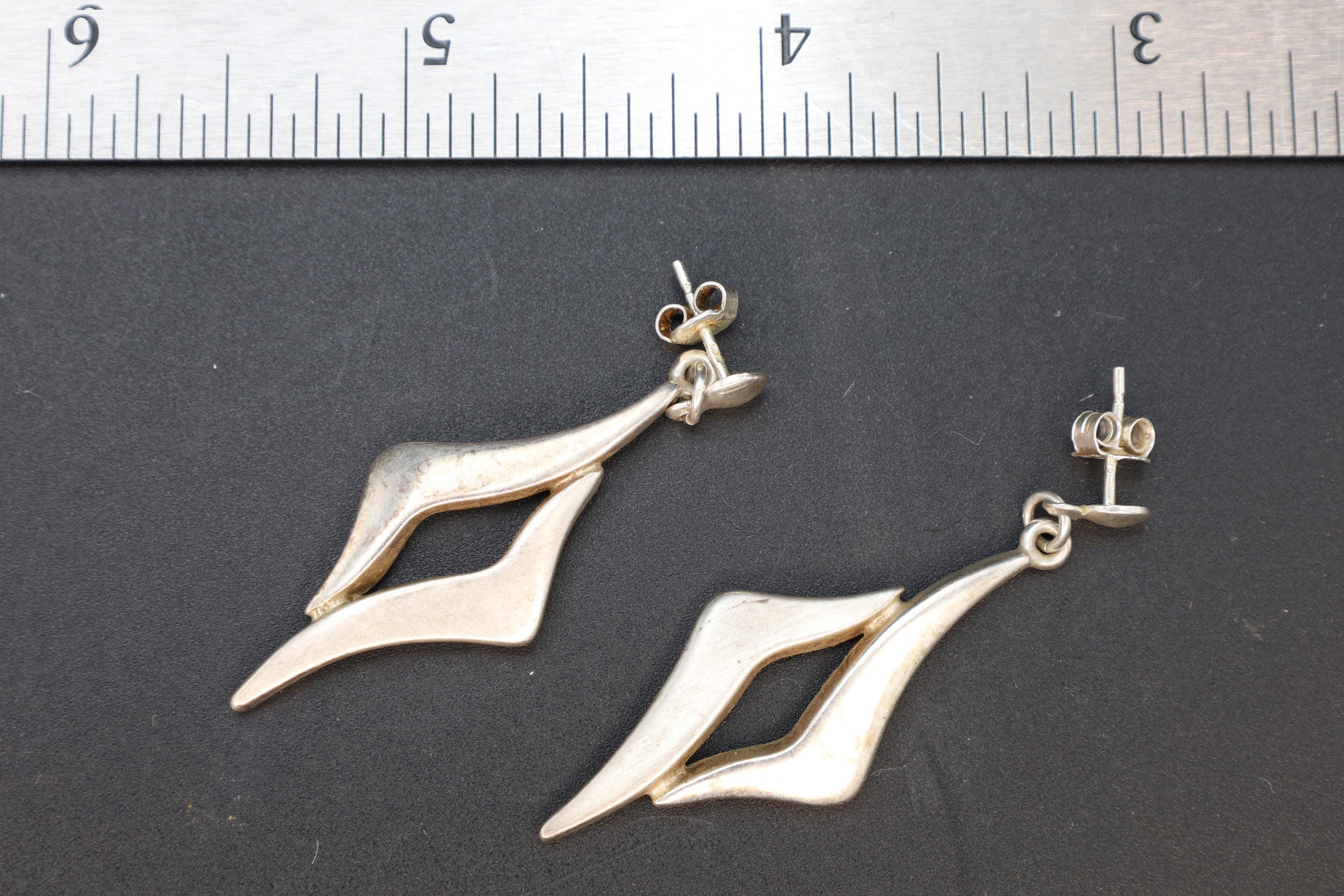 Modernist Abstract Dangle Earrings With A Wavy Flame Design, Vintage 925 Sterling Silver Handmade Artisan Jewelry