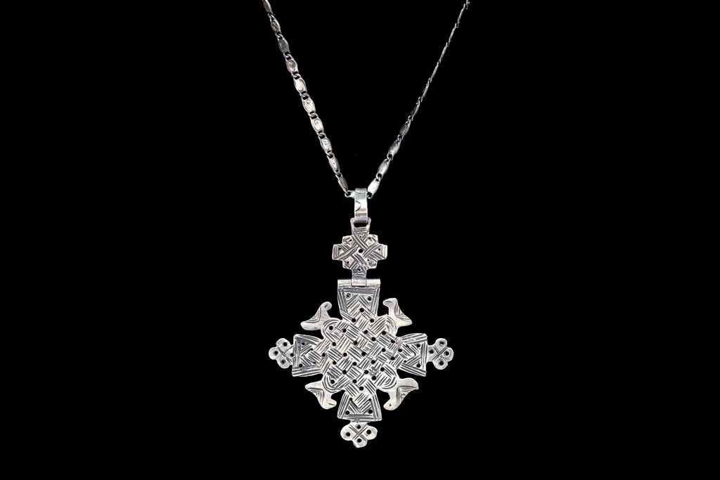 Christian Coptic Cross Pendant Necklace, 800 Silver Cross Egypt Hallmarks, Oxidized 925 Sterling Silver Snail Chain, Vintage African Jewelry