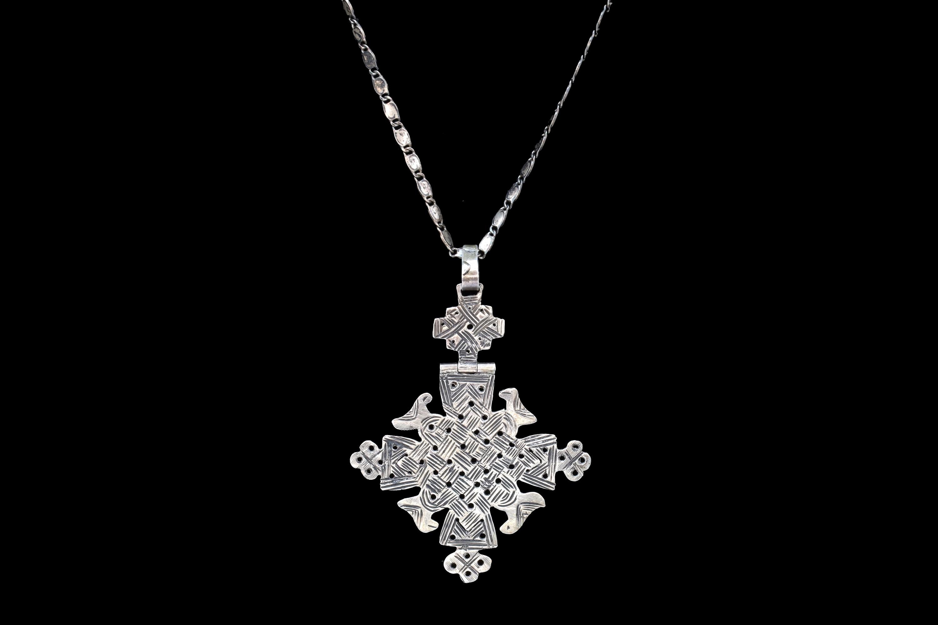 Christian Coptic Cross Pendant Necklace, 800 Silver Cross Egypt Hallmarks, Oxidized 925 Sterling Silver Snail Chain, Vintage African Jewelry