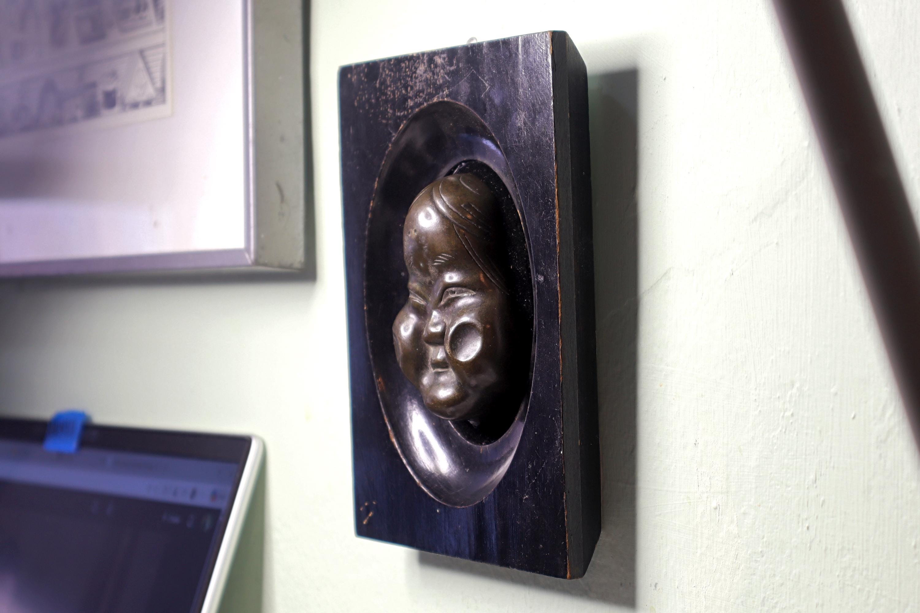 Antique Early 20th Century Taisho Era Japan Decorative Wall Hanging Mask. Okame Otafuku Bronze Miniature Figure On Art Deco Wooden Frame