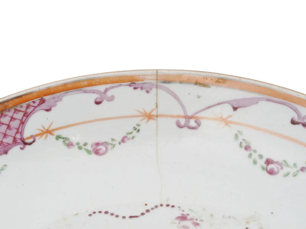 Antique 18th Century Chinese Exports Plate, Qing Dynasty, Early Famille Rose Porcelain Fruit Bowl For The Continental European Markets