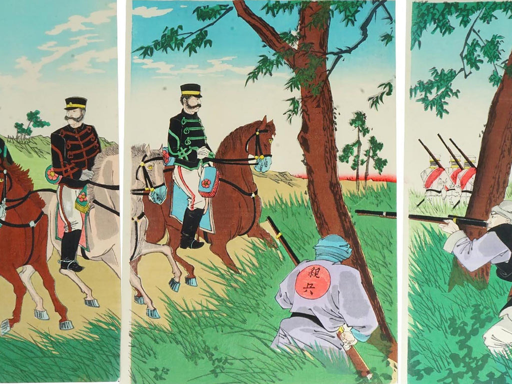 Antique 1894 Ukiyo-e Color Woodblock Prints By Nobukazu Yosai, Military Senso-e In A Triptych Panels Set, Asian Oriental Arts