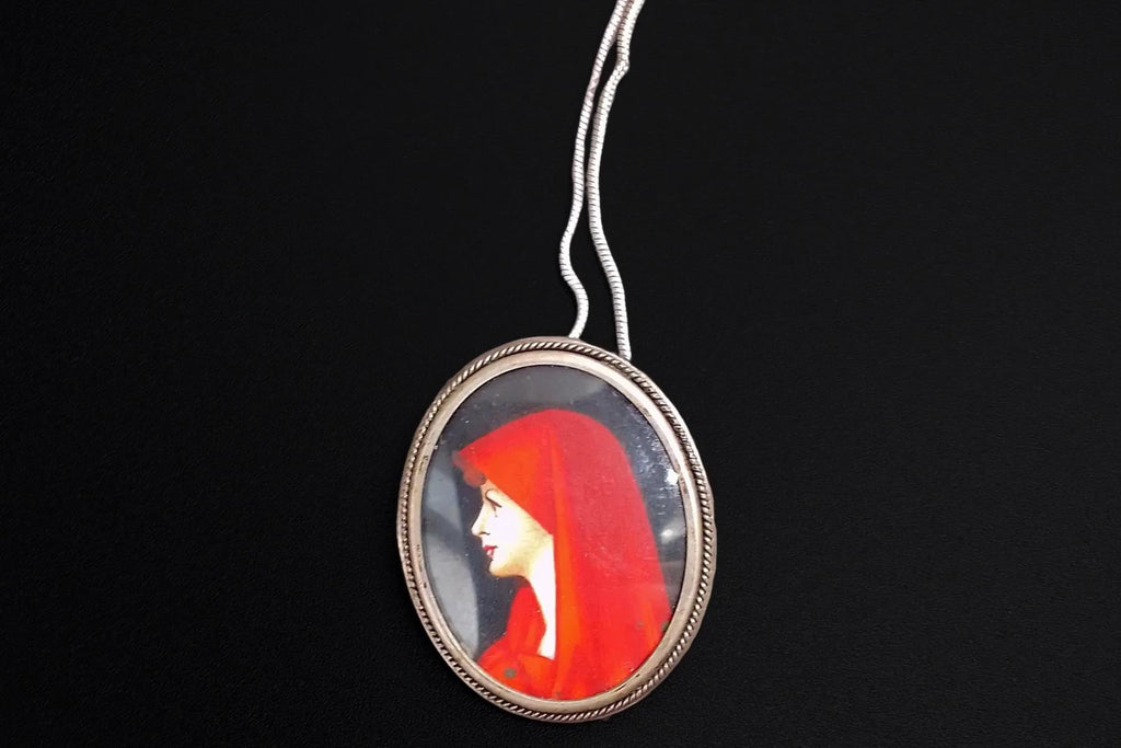 Saint Fabiola Of Rome, Antique 800 Silver Brooch Pin With A Hand Painted Religious Icon Medallon, Italy 925 Silver Cable Chain Jewelry