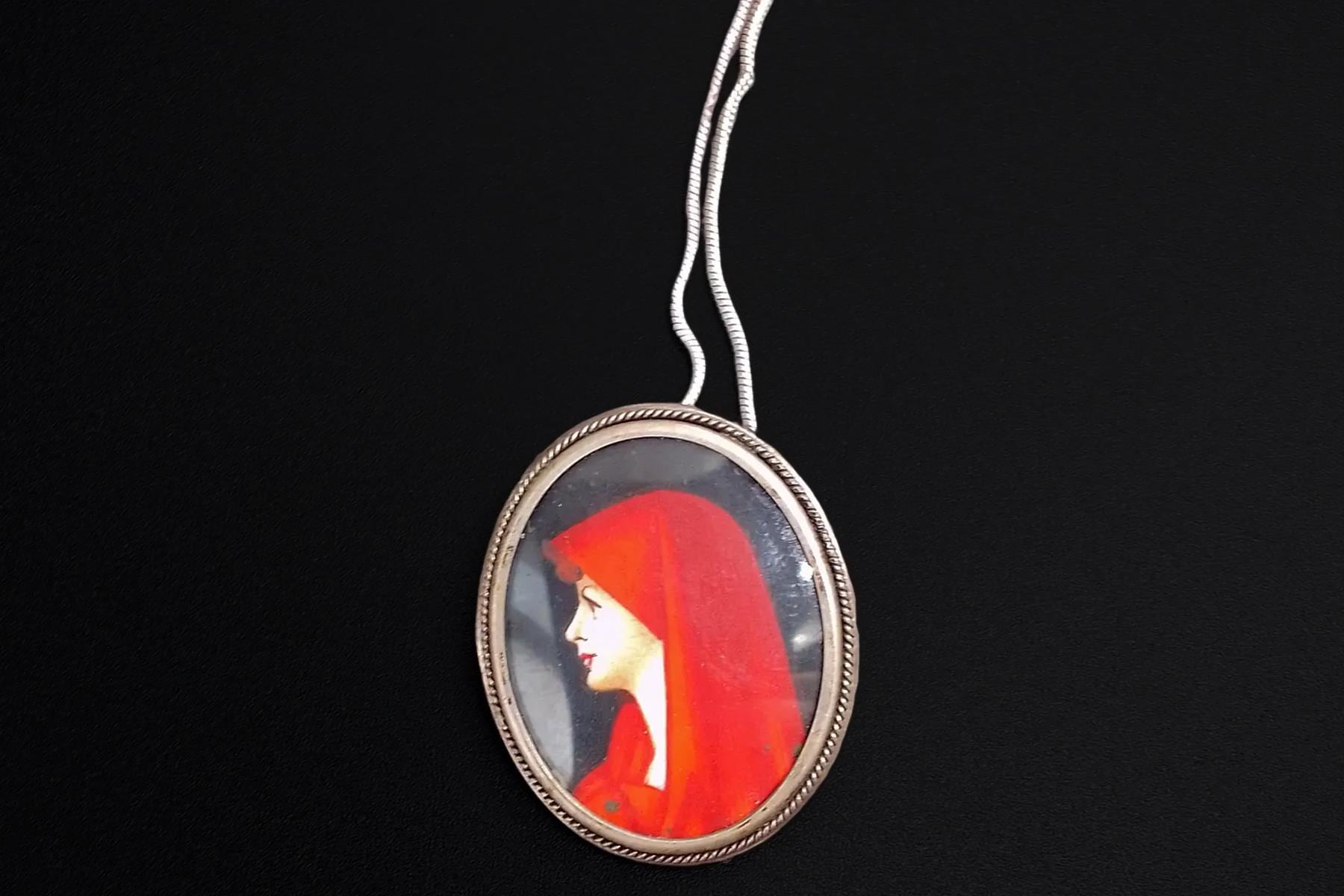 Saint Fabiola Of Rome, Antique 800 Silver Brooch Pin With A Hand Painted Religious Icon Medallon, Italy 925 Silver Cable Chain Jewelry