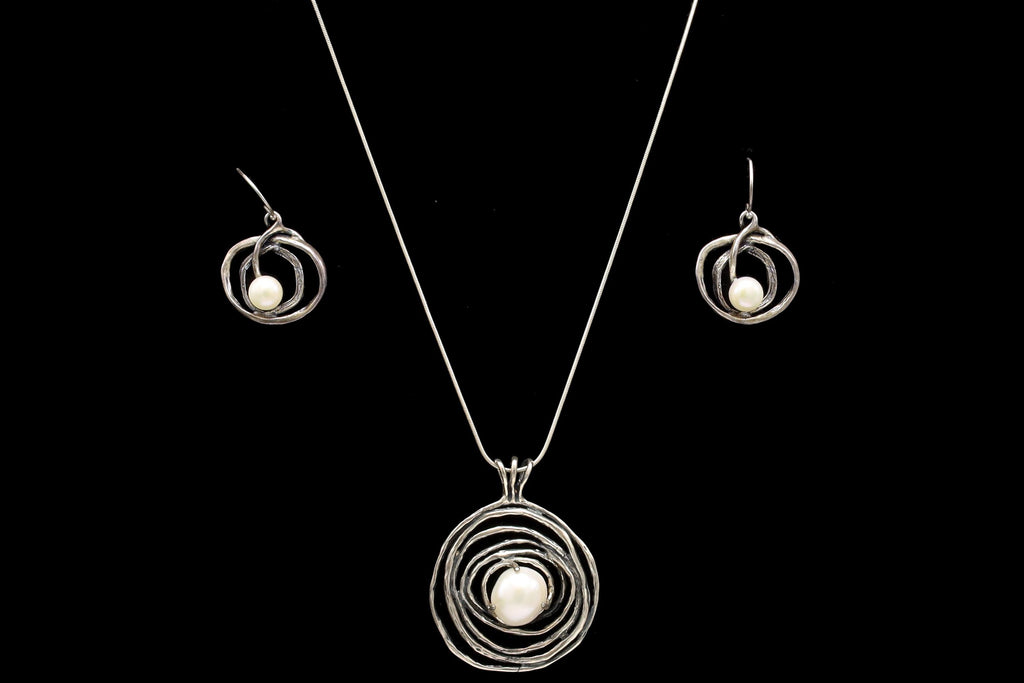 Israel Brutalist Jewelry Set With Abstract Spiral Nest 925 Silver And Round Pearl Accents, Pendant On A Cable Chain, Wire Dangle Earrings