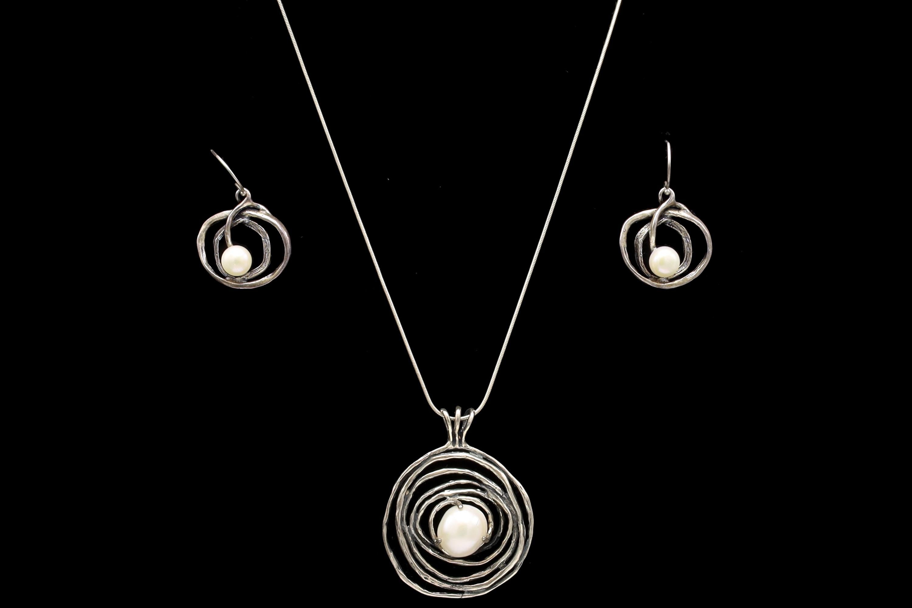 Israel Brutalist Jewelry Set With Abstract Spiral Nest 925 Silver And Round Pearl Accents, Pendant On A Cable Chain, Wire Dangle Earrings