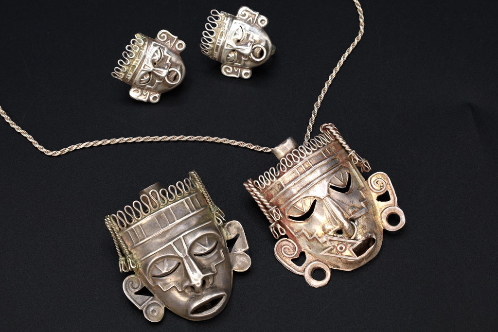 Taxco Mexico Jewelry Set, Pendant Necklace, Brooch, Matching Earrings, Warrior Aztec Mask In Art Deco Style, Vintage 1940s Sterling Silver