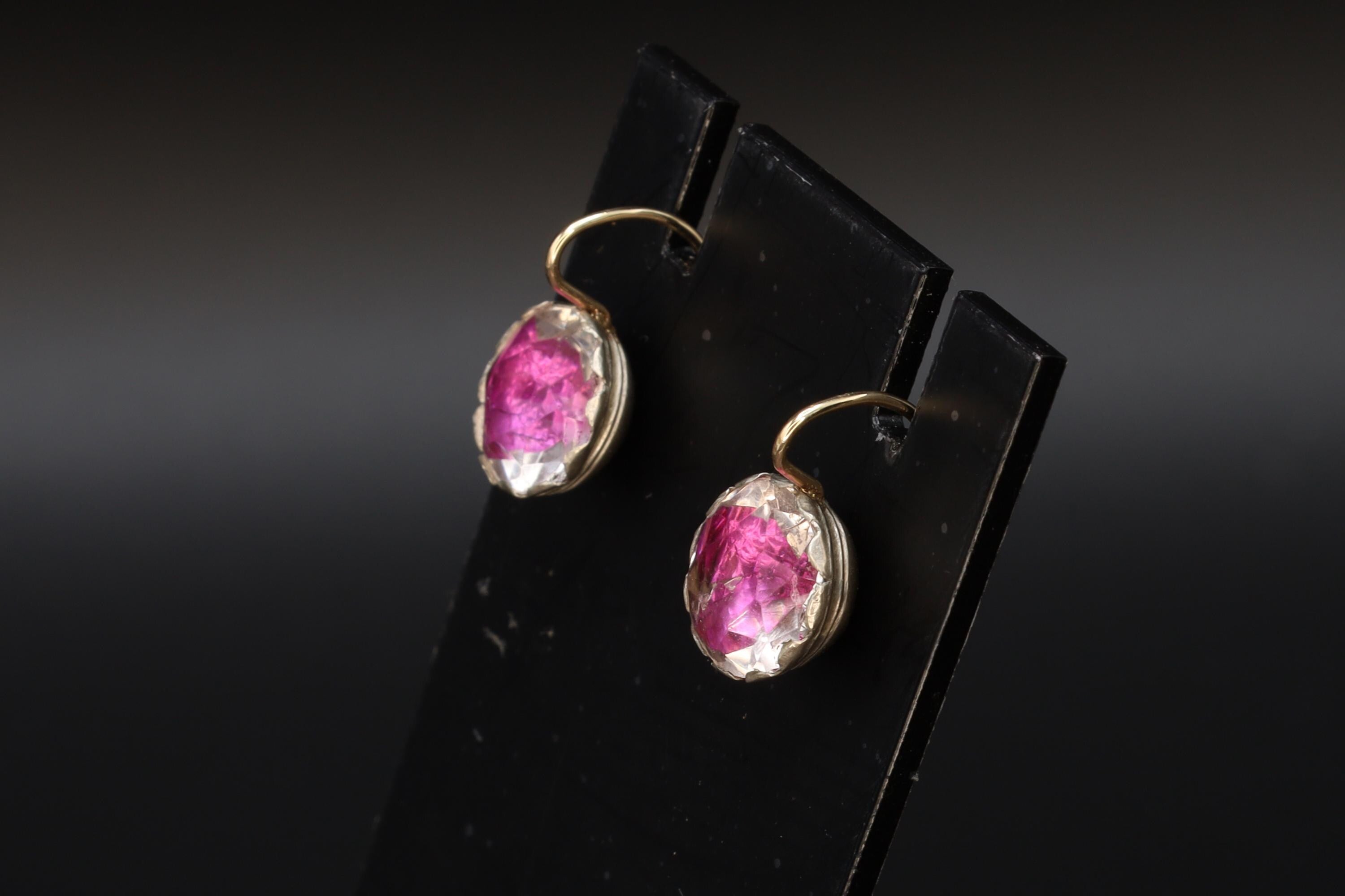 Georgian England Jewelry, Antique 1800s To 1820s Georgian Amethyst Paste Earrings On Fine Sterling Settings And 18kt Gold Wires