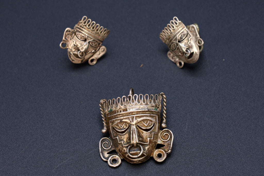 Taxco Mexico Jewelry Set, Pendant Brooch And Matching Earrings, Warrior Aztec Mask In Art Deco Style, Vintage 1940s Sterling Silver