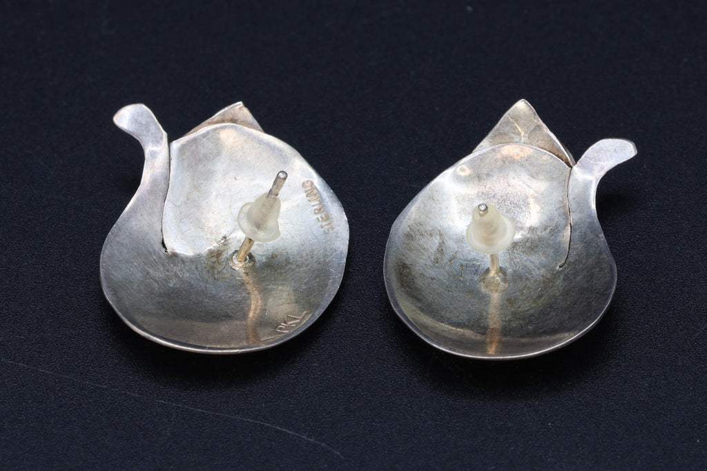 Vintage 1980s Sleeping Cats Stud Earrings, PKL 925 Sterling Silver Hallmark, American Large Studs, Womens Jewelry, Kitten Animal Figural Art