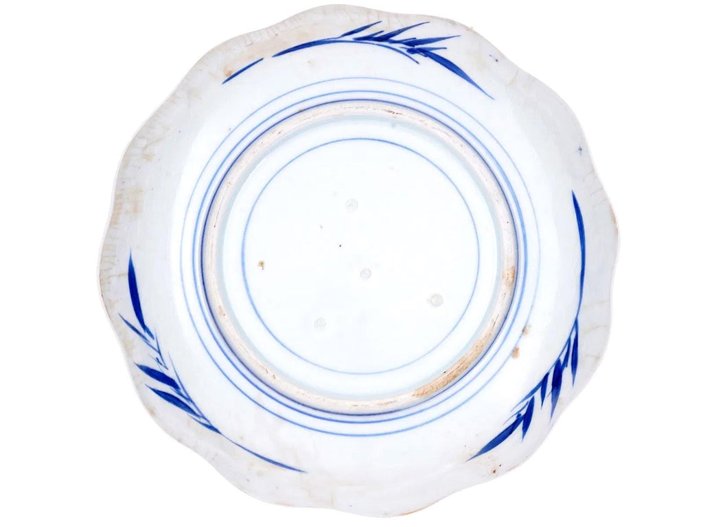 Antique 19th Century Meiji Japan Bowl, An Imari Arita Plate With Calligraphy And Nautical Theme, Porcelain, Blue And White