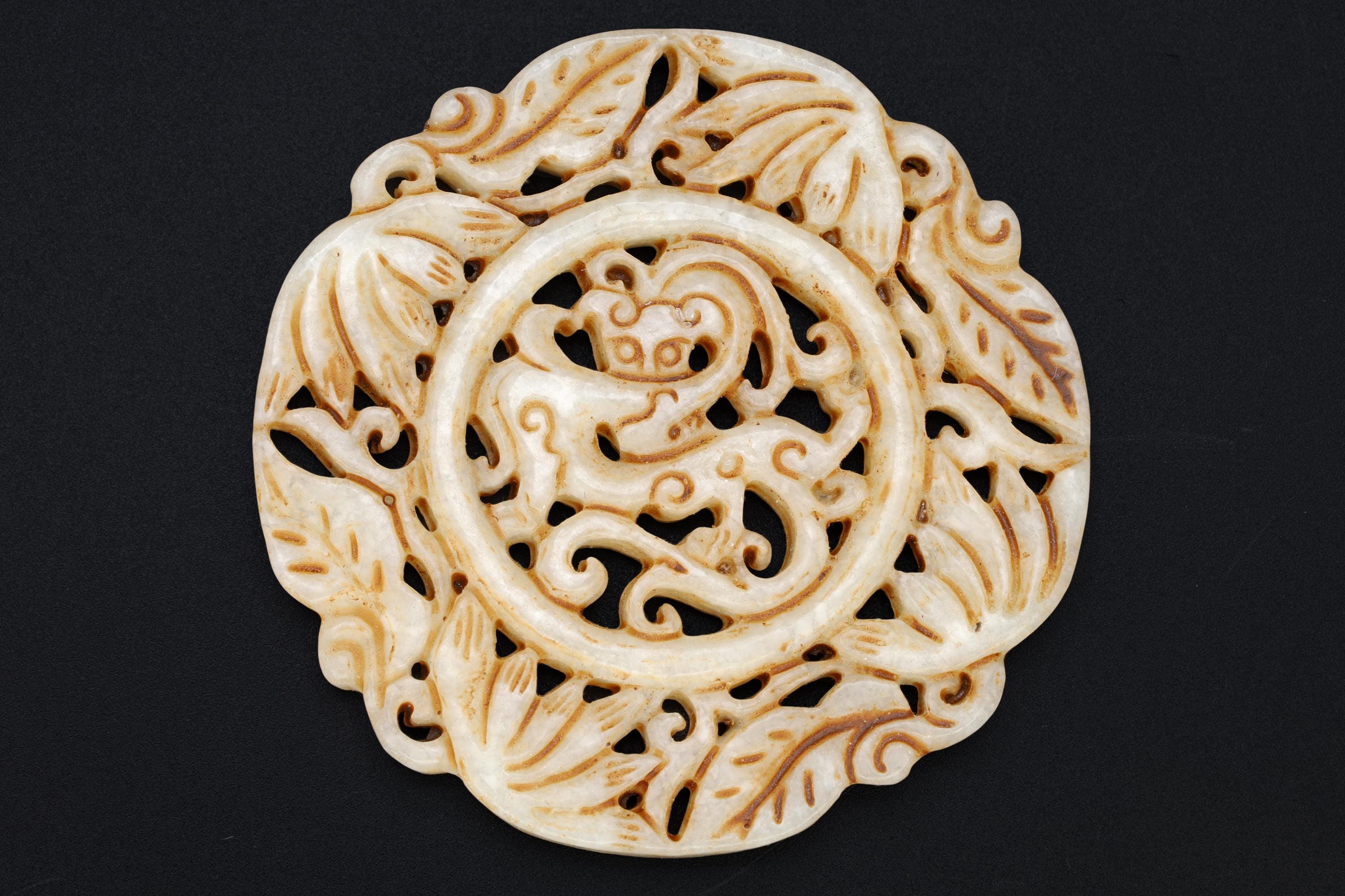 Chinese Round Amulet, Carved Stone BI DISC Mythological Animals, Two Sided Round Pendant With Dragon, Feng Shui, Oriental Asian Accessories