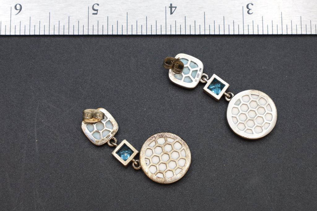 Avant Garde Drop Dangle Earrings, 925 Sterling Silver, Blue Larimar, Blue Topaz And Lab Opal Stones, Retro Fashion Jewelry, Vintage Dangles