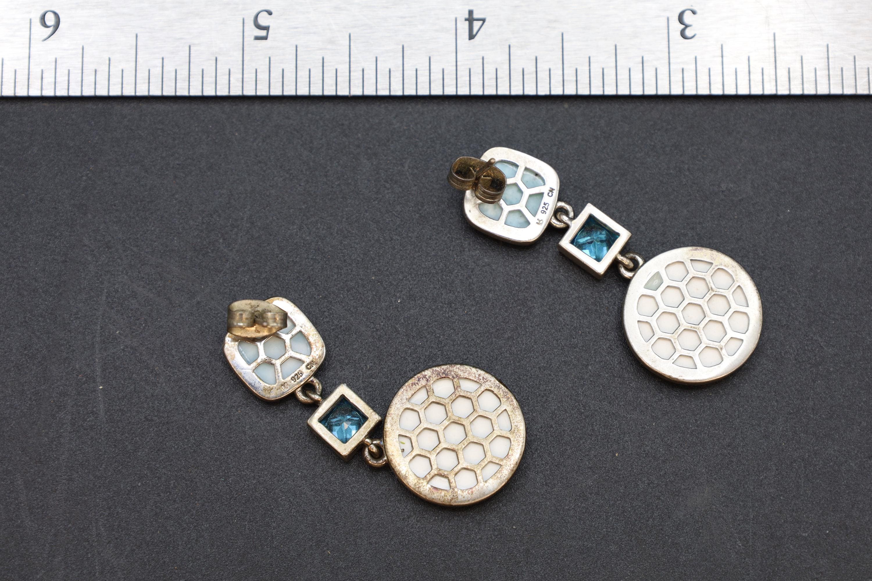 Avant Garde Drop Dangle Earrings, 925 Sterling Silver, Blue Larimar, Blue Topaz And Lab Opal Stones, Retro Fashion Jewelry, Vintage Dangles
