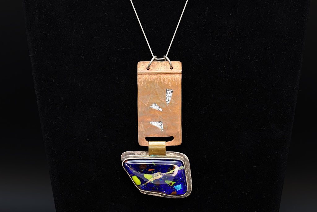 Handmade Brutalist Pendant Necklace, Dichronic Glass, 925 Sterling Silver And Copper, California USA Modernist Fashion Accessories Jewelry