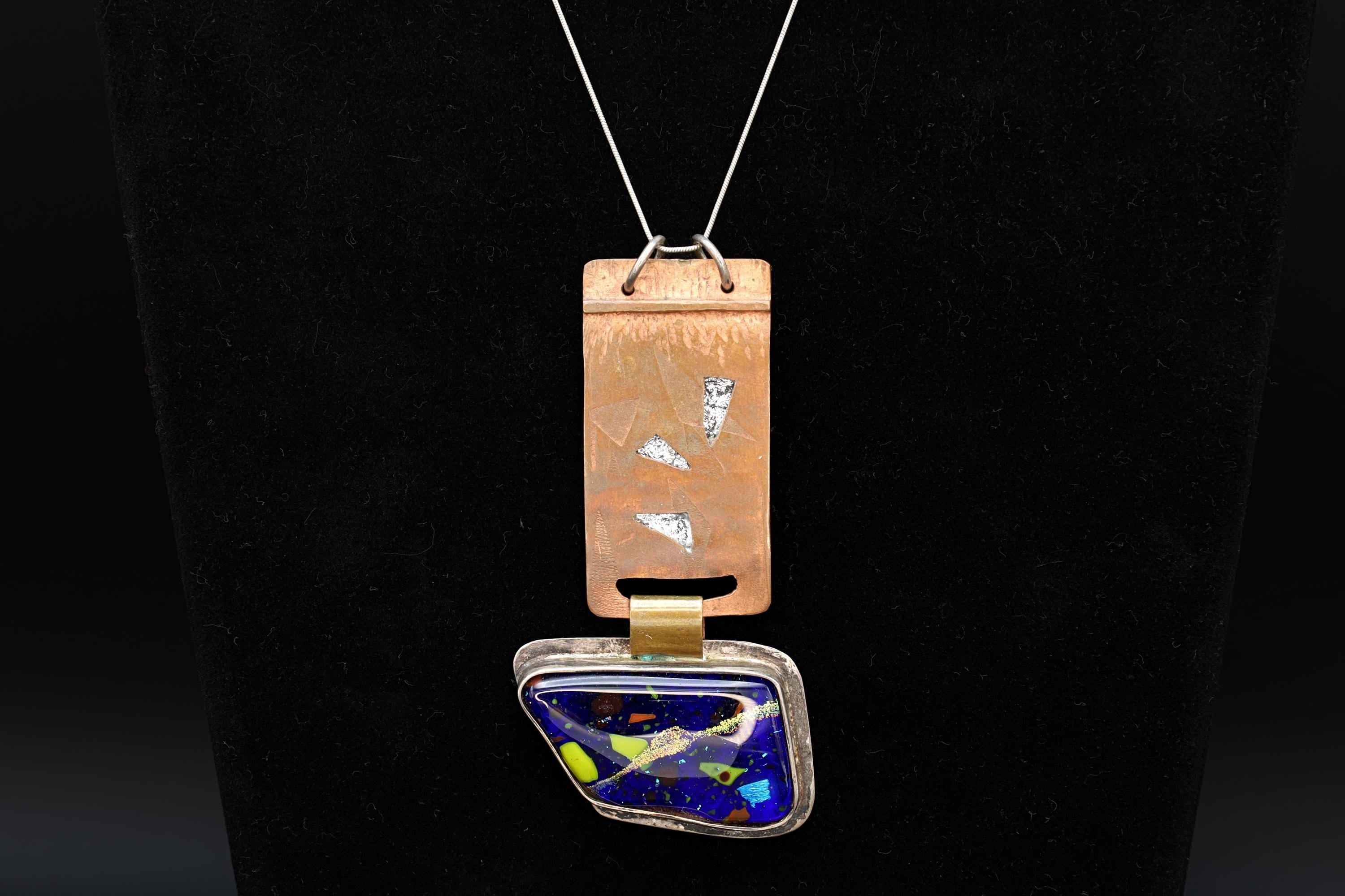Handmade Brutalist Pendant Necklace, Dichronic Glass, 925 Sterling Silver And Copper, California USA Modernist Fashion Accessories Jewelry