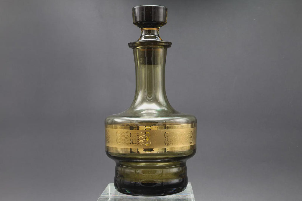 Vintage 1970s Czech Bohemia Decanter Bottle With Six Shots Glasses, USSR Soviet Era Smoky Glass And 24 Karats Yellow Gold Overlay