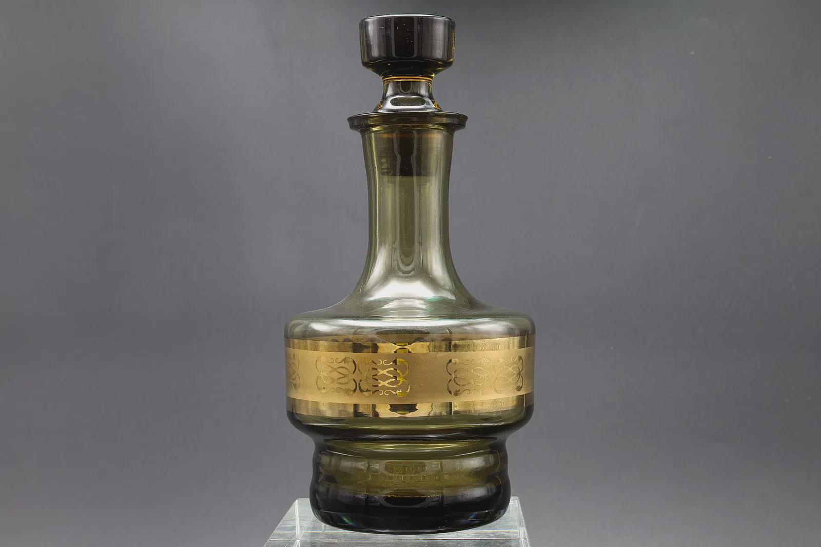 Vintage 1970s Czech Bohemia Decanter Bottle With Six Shots Glasses, USSR Soviet Era Smoky Glass And 24 Karats Yellow Gold Overlay