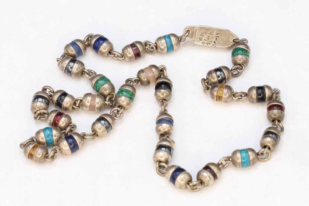 Taxco Mexico Necklace, 925 Sterling Silver Multi Color Round Cap End Capsule Link, Modernist Jewelry Unisex, Round Beaded Jewelry